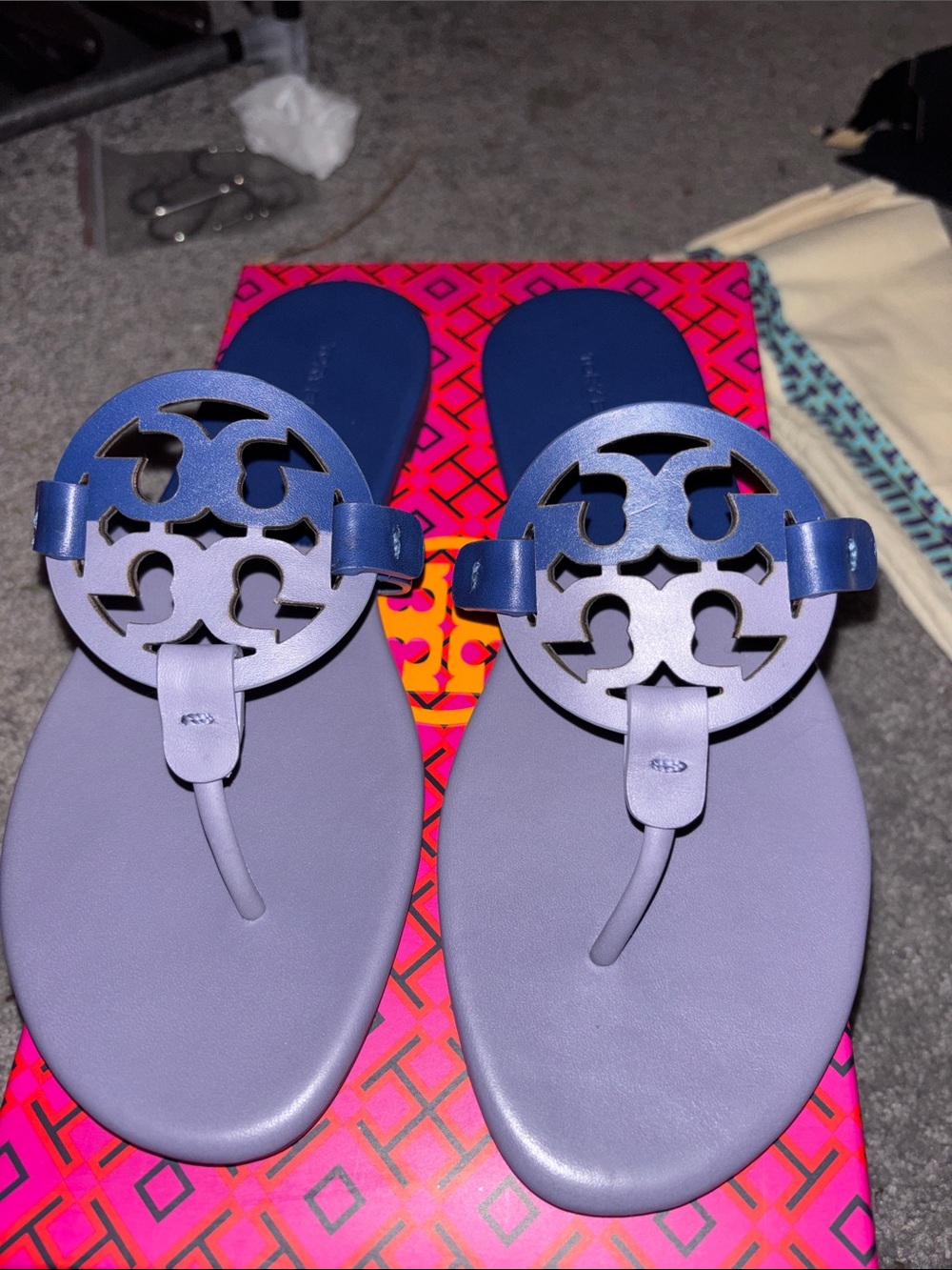 Tory Burch Two-Tone Lavender and Navy Miller Thong Sandals